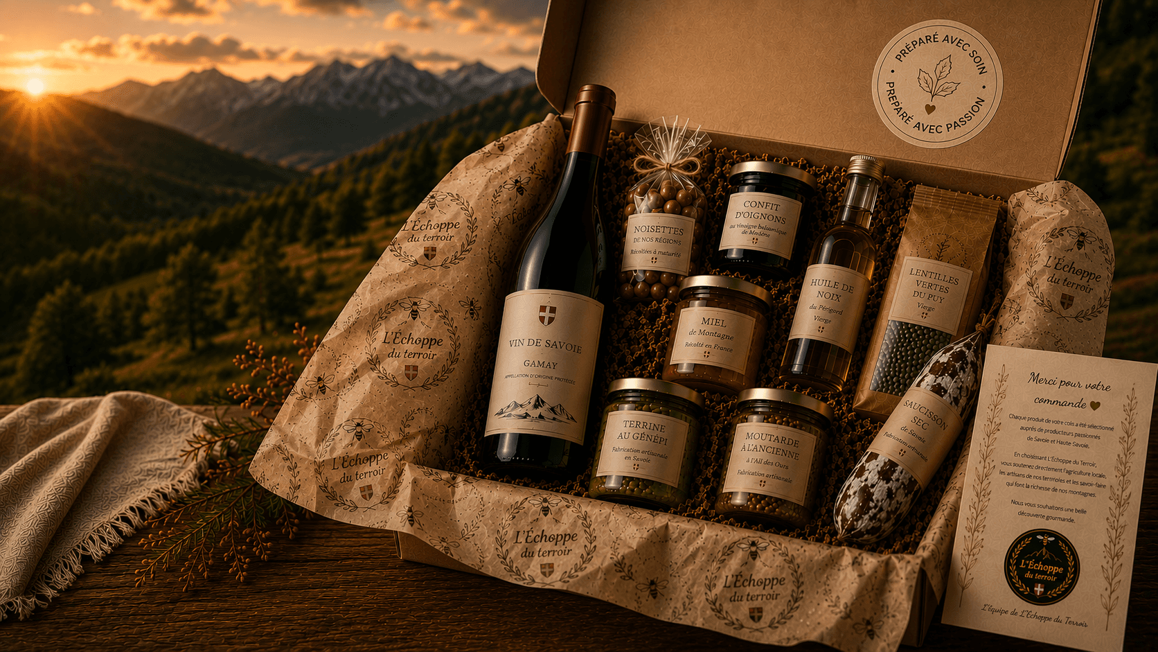 Coffret de produits du terroir face aux montagnes de Haute-Savoie